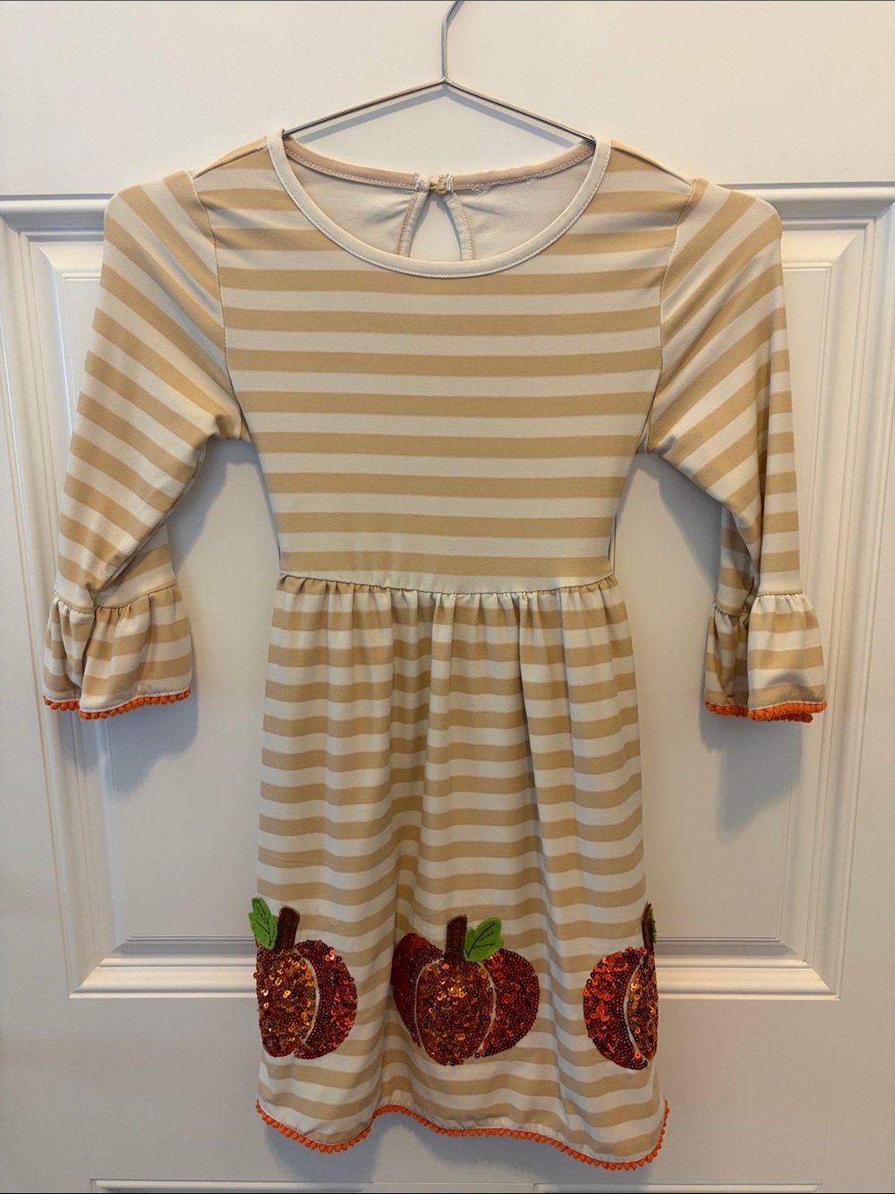 Rare Editions Beige & Cream Striped Apple Sequin Dress